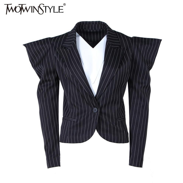 Black Striped Women's Blazer Jacket Coat Female Long Sleeve Broad Shoulders Tops Costumes Clothes Large Big Sizes