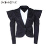 Black Striped Women's Blazer Jacket Coat Female Long Sleeve Broad Shoulders Tops Costumes Clothes Large Big Sizes
