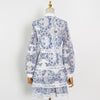 TWOTWINSTYLE Blue Elegant Print Dress For Women V Neck Lantern Long Sleeve High Waist Mini Dresses Female Spring Clothes