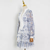 TWOTWINSTYLE Blue Elegant Print Dress For Women V Neck Lantern Long Sleeve High Waist Mini Dresses Female Spring Clothes