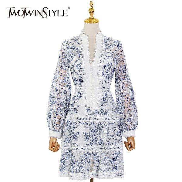 TWOTWINSTYLE Blue Elegant Print Dress For Women V Neck Lantern Long Sleeve High Waist Mini Dresses Female Spring Clothes