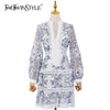 TWOTWINSTYLE Blue Elegant Print Dress For Women V Neck Lantern Long Sleeve High Waist Mini Dresses Female Spring Clothes