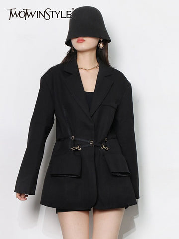 TWOTWINSTYLE Casual Black Blazer For Women Notched Collar Long Sleeve Slim Solid Blazers Female Korean Clothing Style