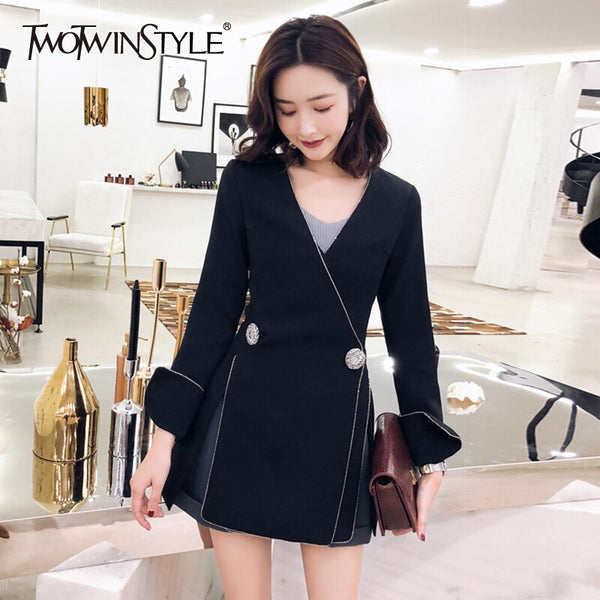 TWOTWINSTYLE Casual Black Blazer For Women V Neck Long Sleeve Side Split Korean Slim Blazers Females 2022 Spring Stylish