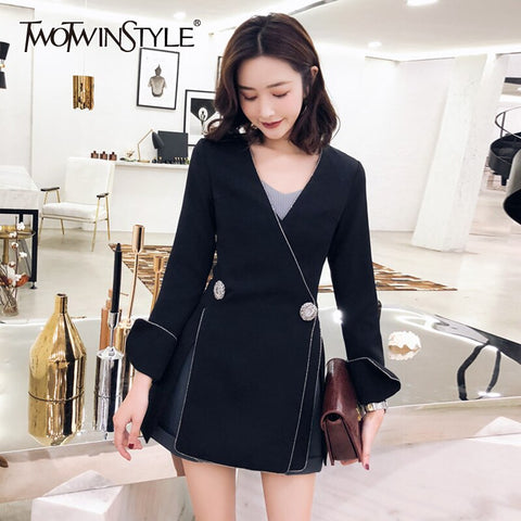 TWOTWINSTYLE Casual Black Blazer For Women V Neck Long Sleeve Side Split Korean Slim Blazers Females 2022 Spring Stylish
