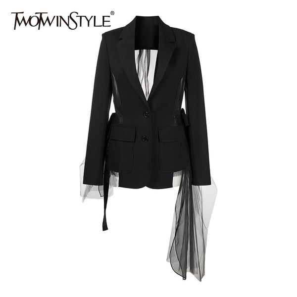 TWOTWINSTYLE Casual Black Irregular Blazer For Women Notched Long Sleeve Korean Patchwork Blazers Female 2022 Summer New