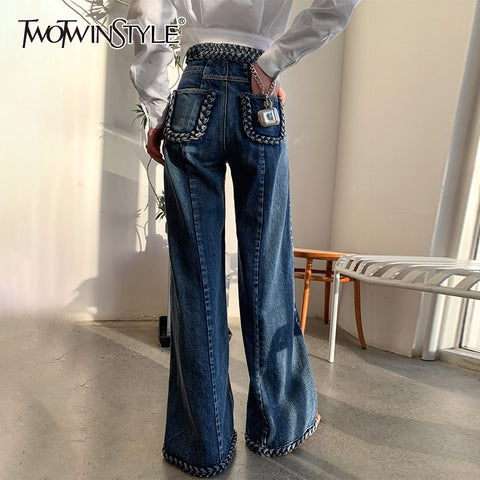 TWOTWINSTYLE Casual Blue Denim Trousers For Women High Waist Loose Straight Full Length Jeans Female 2022 Summer Clothes