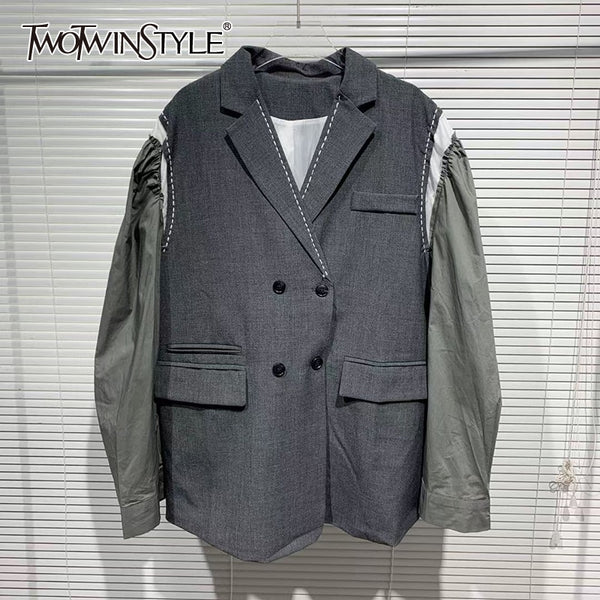 TWOTWINSTYLE Casual Gray Patchwork Blazer For Women Notched Long Sleeve Korean Loose Blazers Female 2022 Spring Clothing