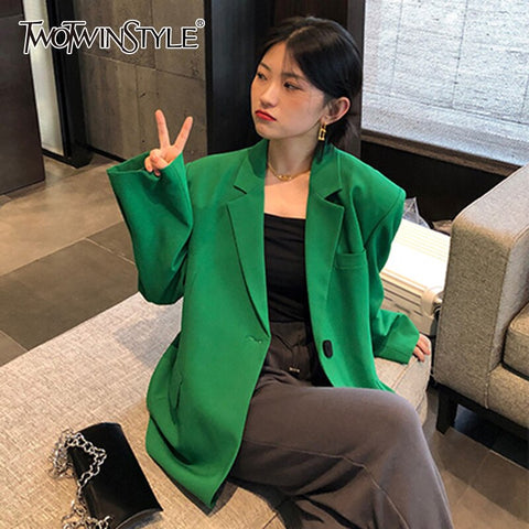 TWOTWINSTYLE Casual Green Blazer For Women Lapel Collar Long Sleeve Single Breasted Minimalist Solid Blazers Female 2022 Clothes