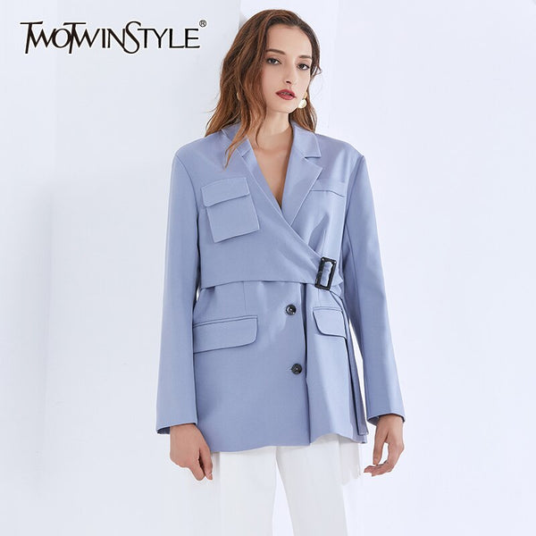 TWOTWINSTYLE Casual Irregular Blazer For Women Notched Long Sleeve Sashes Blue Blazers Female 2022 Autumn Clothing