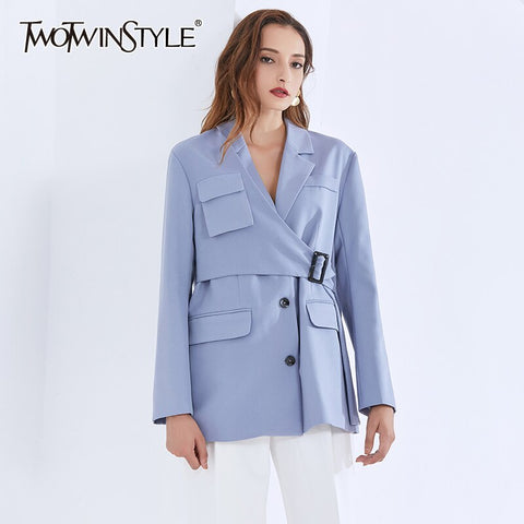 TWOTWINSTYLE Casual Irregular Blazer For Women Notched Long Sleeve Sashes Blue Blazers Female 2022 Autumn Clothing