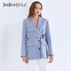 TWOTWINSTYLE Casual Irregular Blazer For Women Notched Long Sleeve Sashes Blue Blazers Female 2022 Autumn Clothing