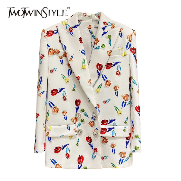 TWOTWINSTYLE Casual Loose Print Blazer For Women Notched Long Sleeve Korean Straight Blazers Female 2022 Spring Clothing