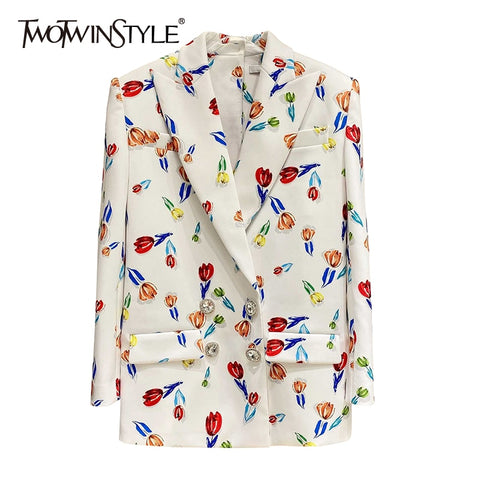 TWOTWINSTYLE Casual Loose Print Blazer For Women Notched Long Sleeve Korean Straight Blazers Female 2022 Spring Clothing