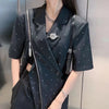 TWOTWINSTYLE Casual Patchwork Diamonds Blazer For Women Notched Short Sleeve Black Blazers Female Clothes 2022 Style