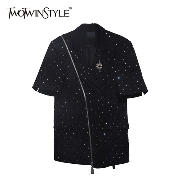 TWOTWINSTYLE Casual Patchwork Diamonds Blazer For Women Notched Short Sleeve Black Blazers Female Clothes 2022 Style