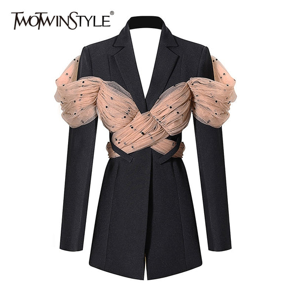 TWOTWINSTYLE Casual Patchwork Dot Mesh Blazer For Women Notched Long Sleeve Backless Blazers Female Clothing 2022