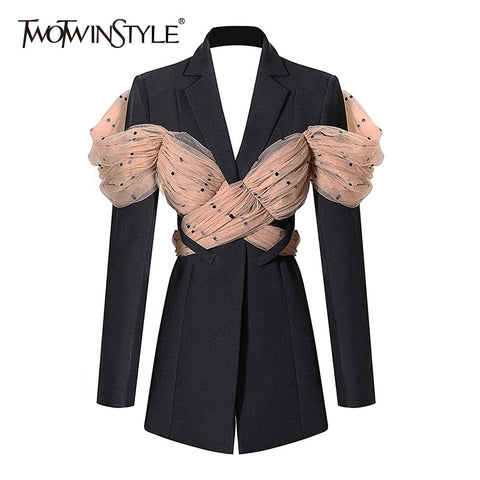 TWOTWINSTYLE Casual Patchwork Dot Mesh Blazer For Women Notched Long Sleeve Backless Blazers Female Clothing 2022