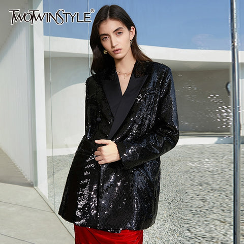 TWOTWINSTYLE Casual Patchwork Sequin Blazer For Women Notched Long Sleeve Black Vintage Blazers Female 2022 Spring