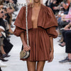 TWOTWINSTYLE Casual Patchwork Women Dress V Neck Lantern Long Sleeve High Waist Ruffle Pleated Dresses For Female Tide