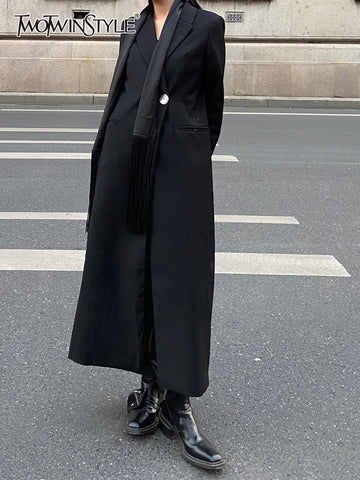TWOTWINSTYLE Casual Plain Blazer Coat For Women Notched Loose Long Sleeve Single Button High Street Coats Female 2023 Spring New