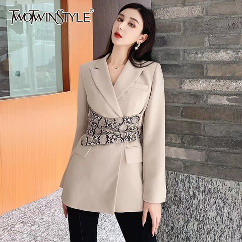 TWOTWINSTYLE Casual Slim Colorblock Leopard Blazer Female Notched Long Sleeve Vintage Coat For Women Autumn Style 2022
