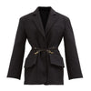 TWOTWINSTYLE Casual Slim Solid Belt Pocket Blazer Notched Long Sleeve Split Gathered Waist Coat For Women Autumn Style 2022 New