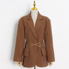 TWOTWINSTYLE Casual Slim Solid Belt Pocket Blazer Notched Long Sleeve Split Gathered Waist Coat For Women Autumn Style 2022 New