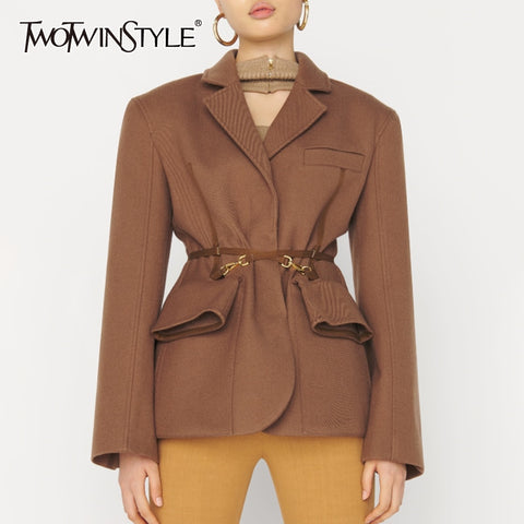 TWOTWINSTYLE Casual Slim Solid Belt Pocket Blazer Notched Long Sleeve Split Gathered Waist Coat For Women Autumn Style 2022 New