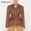 TWOTWINSTYLE Casual Slim Solid Belt Pocket Blazer Notched Long Sleeve Split Gathered Waist Coat For Women Autumn Style 2022 New