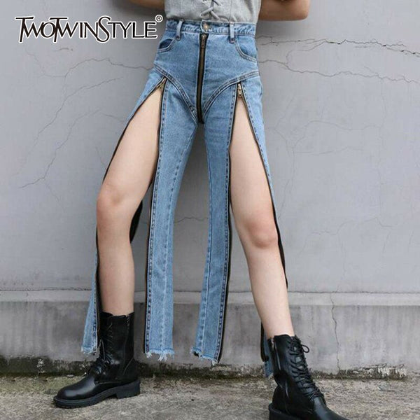 TWOTWINSTYLE Casual Split Jeans For Women High Waist Patchwork Zipper Irregular Hem Streetwear Denim Pants Female New
