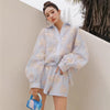 TWOTWINSTYLE Casual Two Piece Set For Women Lapel Batwing Long Sleeve Backless Tops High Waist Short Pants Loose Sets Female New