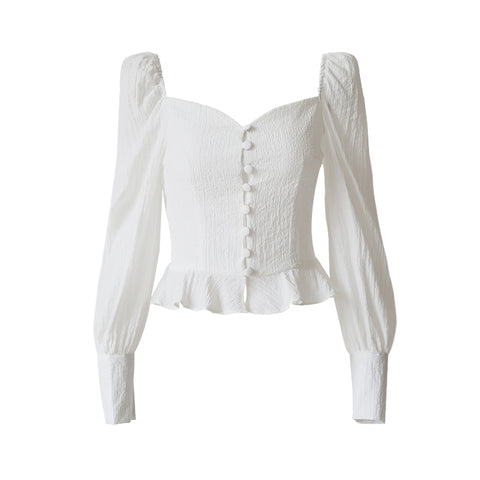 Chiffon Shirt V Neck Puff Sleeve Single Breasted Tunic Ruffles White Blouse Fashion Palazzo Tops Vintage Clothing
