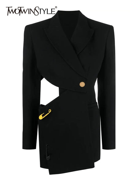 TWOTWINSTYLE Cut Out Blazer For Women Notched Collar Long Sleeve Asymmetrical Backless Solid Blazers Female Spring Clothing 2023