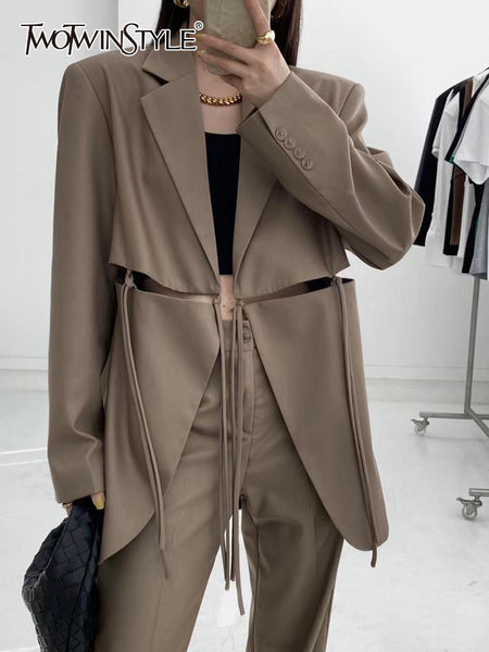 TWOTWINSTYLE Cut Out Blazer For Women Notched Collar Long Sleeve Solid High Street Blazers Female Korean Clothing Style