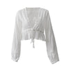 Deep V Neck Shirt Female Hollow Out Lantern Sleeve Lace Up Tunic High Waist Blouse Tops Summer Fashion Vintage Tops