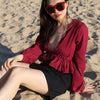 Deep V Neck Shirt Female Hollow Out Lantern Sleeve Lace Up Tunic High Waist Blouse Tops Summer Fashion Vintage Tops