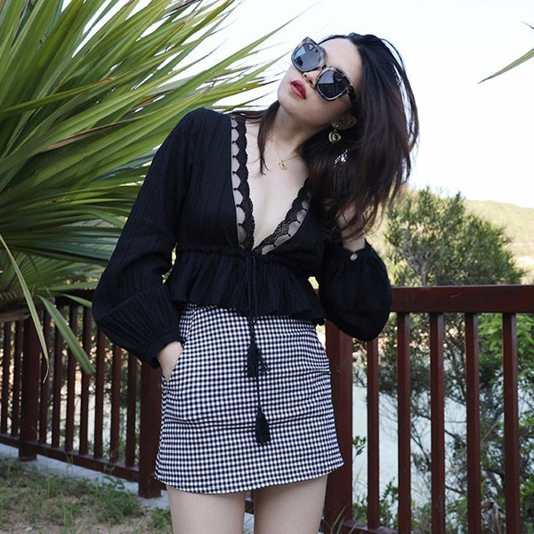 Deep V Neck Shirt Female Hollow Out Lantern Sleeve Lace Up Tunic High Waist Blouse Tops Summer Fashion Vintage Tops