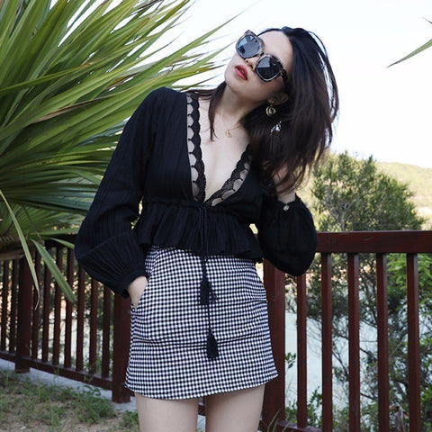 Deep V Neck Shirt Female Hollow Out Lantern Sleeve Lace Up Tunic High Waist Blouse Tops Summer Fashion Vintage Tops