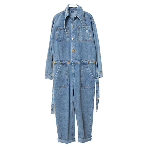 Denim Jumpsuits For Women Lace Up Tunic High Waist Long Sleeve Pocket Ankle Length Trouser 2022 Spring Korean Tide
