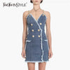 Denim Mini Dress V Neck Off Shoulder Double Breasted Bodycon Spaghetti Strap Dresses Female Summer Fashion Sexy New
