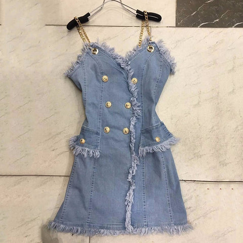 Denim Mini Dress V Neck Off Shoulder Double Breasted Bodycon Spaghetti Strap Dresses Female Summer Fashion Sexy New