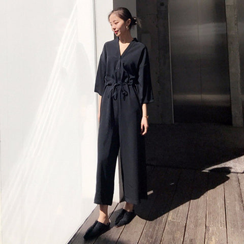 Draw String Jumpsuits For Women V Neck Three Quarter Sleeve High Waist Black Long Trouser Spring Fashion OL Clothes