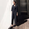Draw String Jumpsuits For Women V Neck Three Quarter Sleeve High Waist Black Long Trouser Spring Fashion OL Clothes