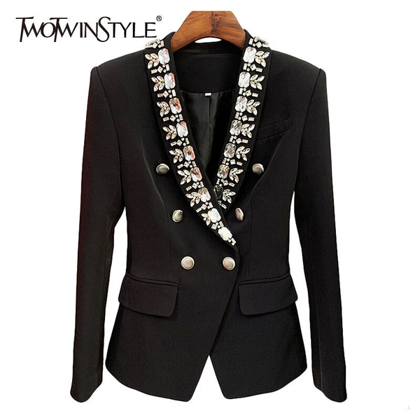 TWOTWINSTYLE Elegant Black Patchwork Diamond Female Blazer Notched Long Sleeve Straight Women's Coat 2022 Autumn Clothes