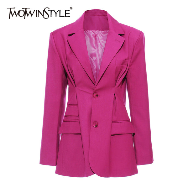 TWOTWINSTYLE Elegant OL Style Blazer For Women Lapel Collar Long Sleeve Tunic Loose Ruched Suit Female Clothing 2023 New