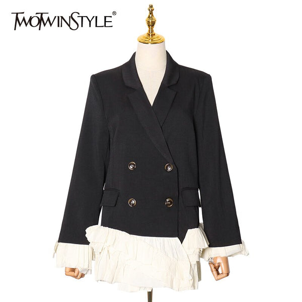 TWOTWINSTYLE Elegant Patchwork Ruffle Blazer For Women Notched Long Sleeve Casual Blazers Female Clothing 2022 Fall