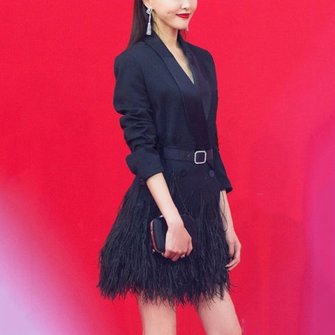 Faux Fur Blazer For Women Patchwork Tassel V Neck Sashes High Waist Long Coat Spring Female Fashion  Clothing