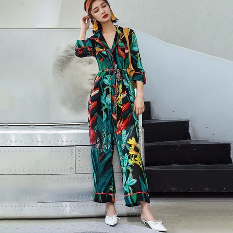 Floral Jumpsuits Female V Neck Belt High Waist Oversize Long Wide Leg Pants 2022 Summer Fashion Holiday Clothing