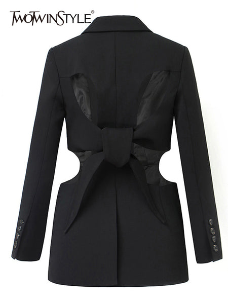TWOTWINSTYLE High Street Black Blazer For Women Notched Long Sleeve Single Button Cut Out Coats Female Spring Clothing